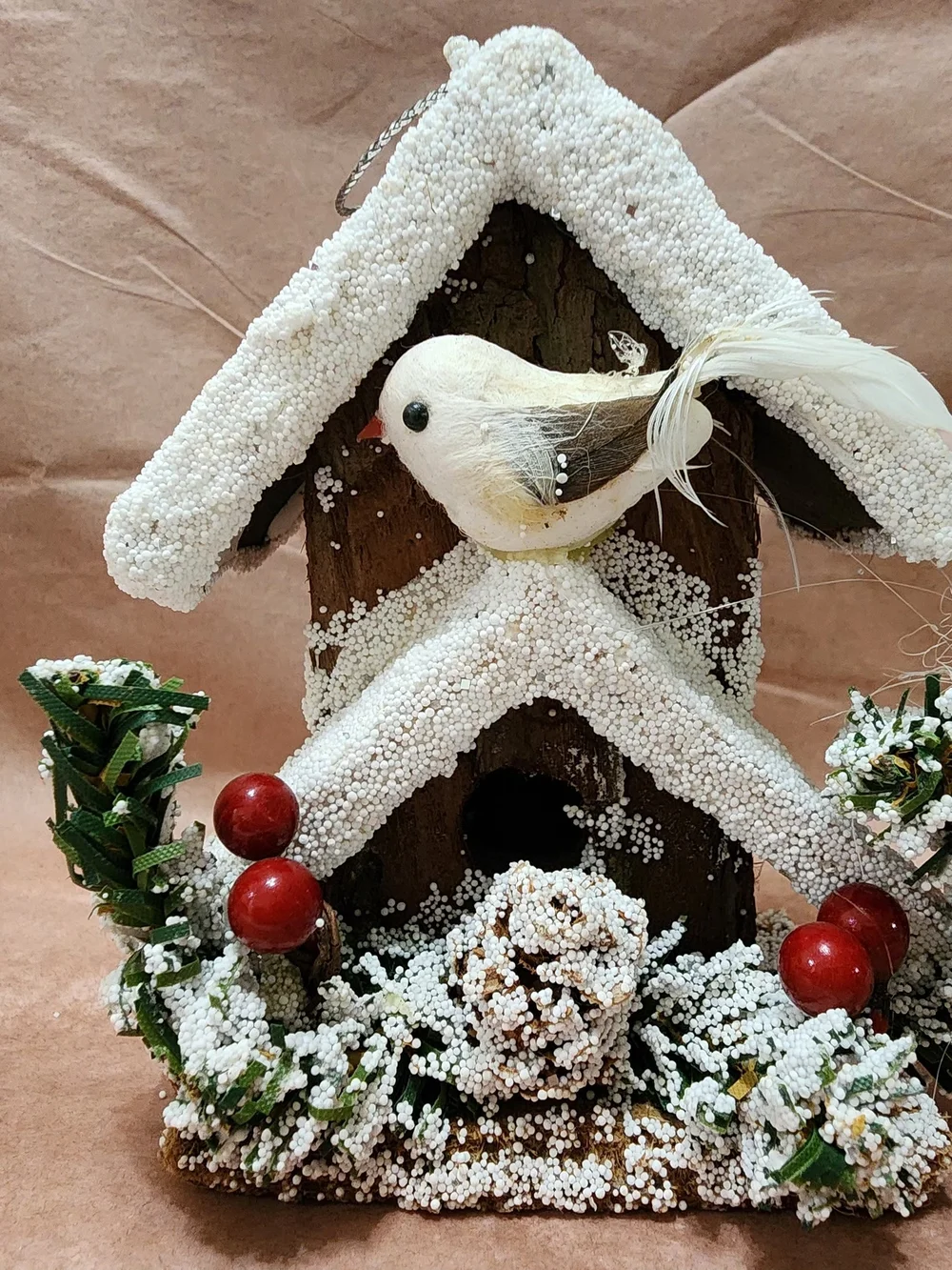 Handmade Rustic Woodland Birdhouse Ornament Christmas Faux Snow Pine Berry